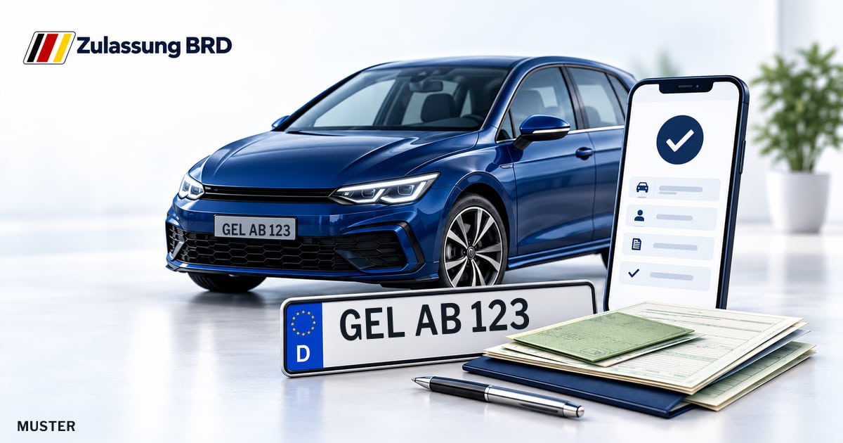Online Fahrzeugzulassung in Weeze: Musterkennzeichen GEL AB 123, Auto und Fahrzeugpapiere und Smartphone. Illustration mit Logo von Zulassung BRD.